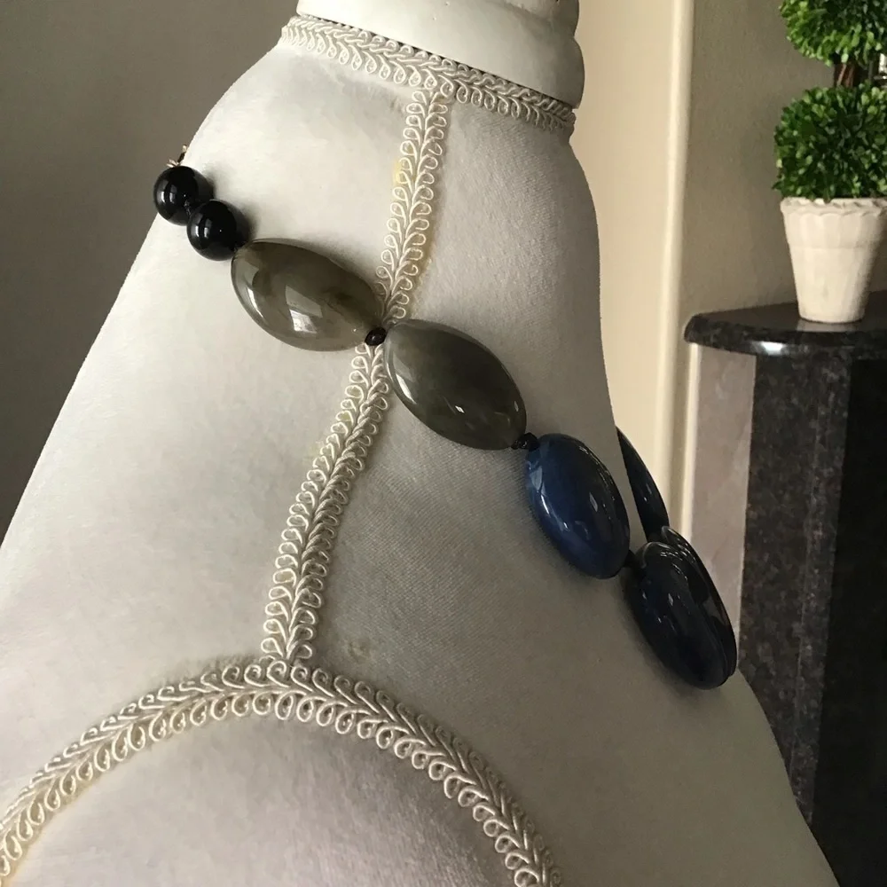 Blue River Stone Look Statement Necklace Blue Gray Flat Beads Black Cord NEW - Picture 5 of 9